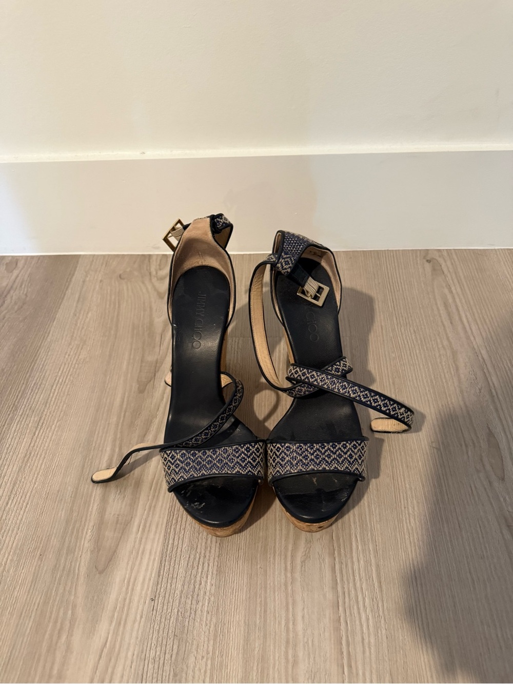 Jimmy Choo Black Woven Ankle-Strap Wedges